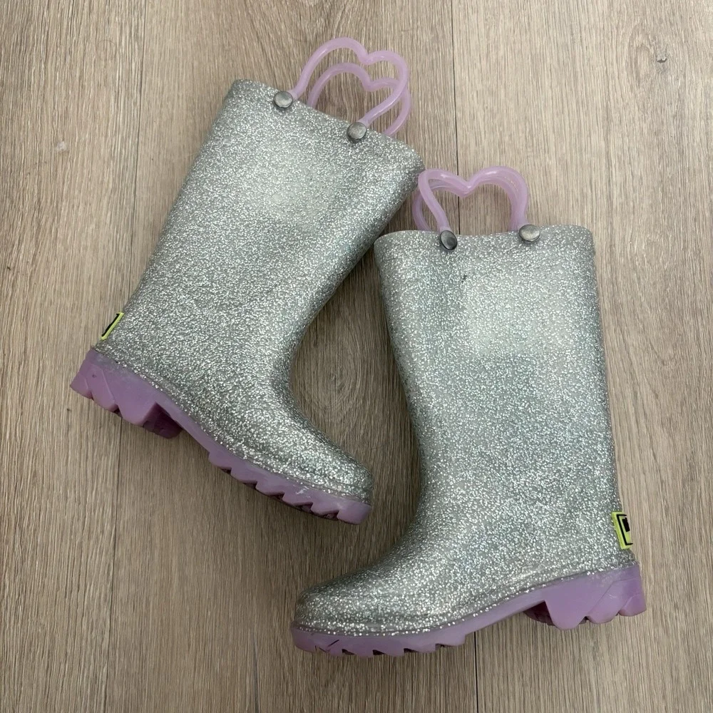 Western Chief Toddler Girls Light Up Rain Boots Size 6 Silver Glitter Waterproof